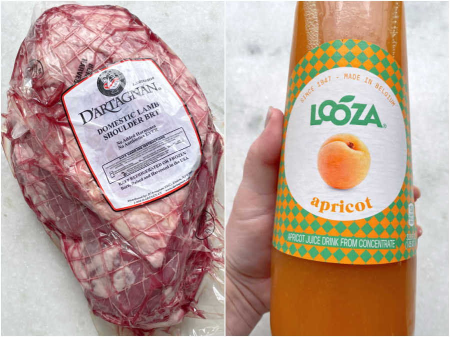 lamb shoulder in package and bottle of apricot juice