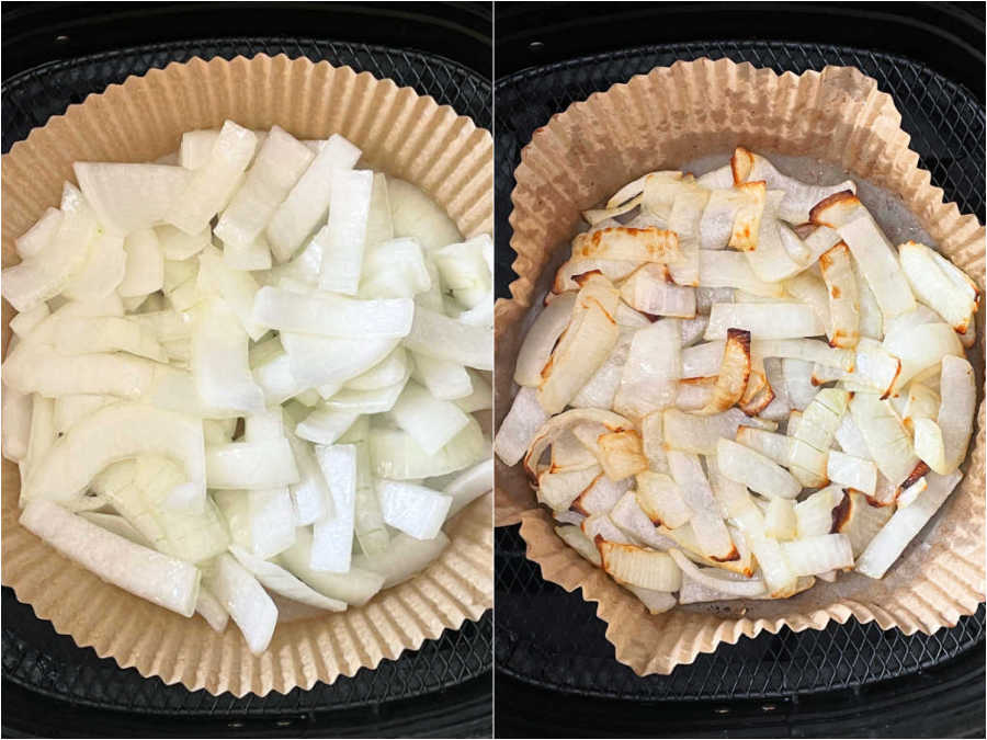 showing the onions in the basket of the air fryer, before and after cooking