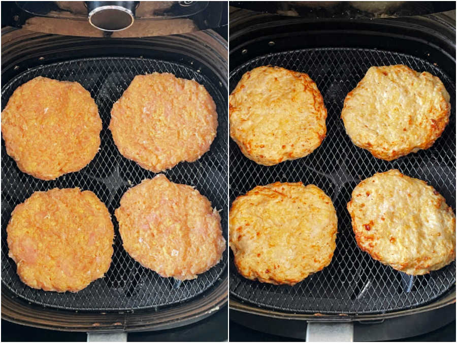 turkey burgers before and after being cooked in the air fryer
