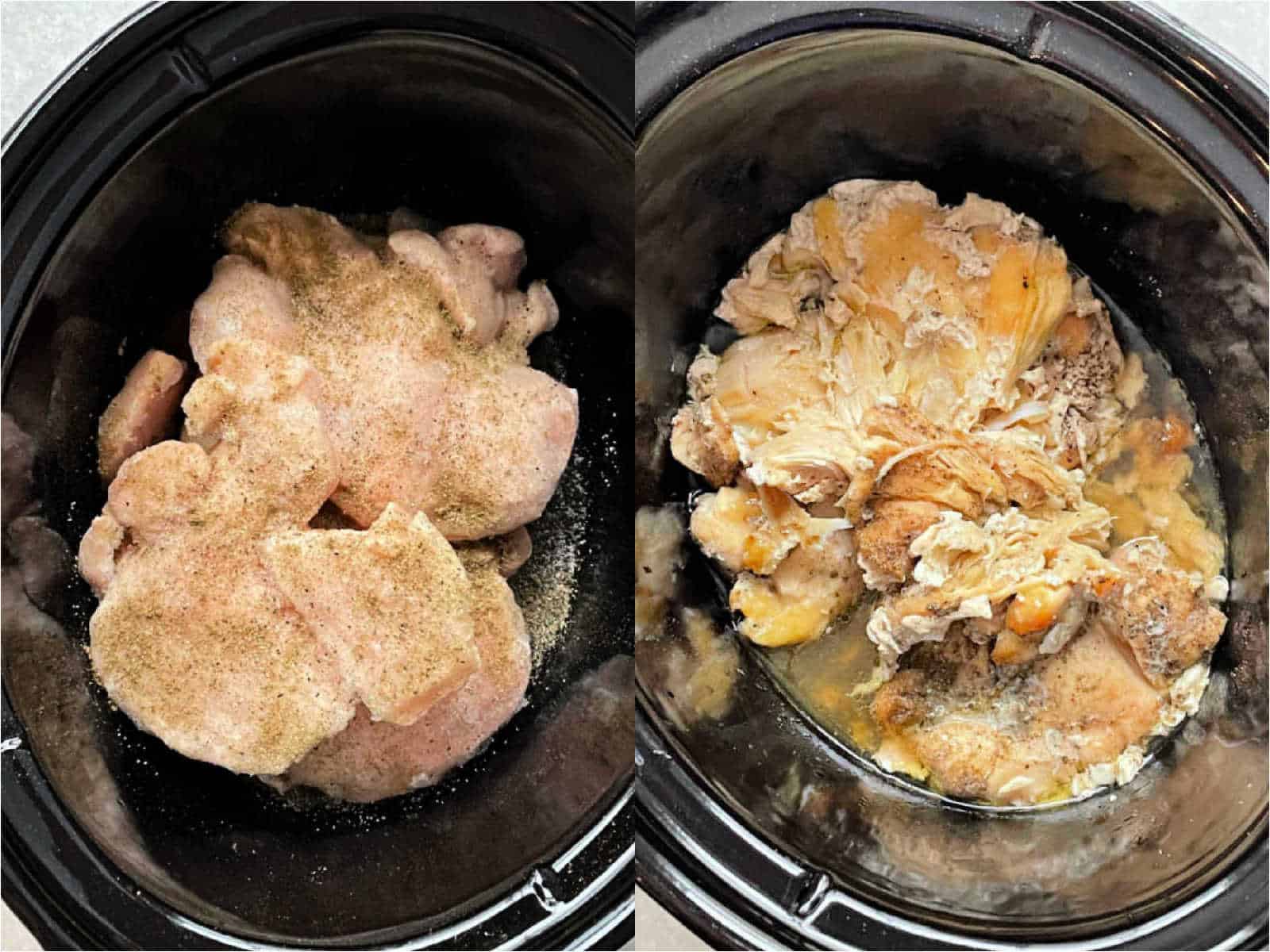 showing the frozen chicken before and after cooking in the crock pot insert