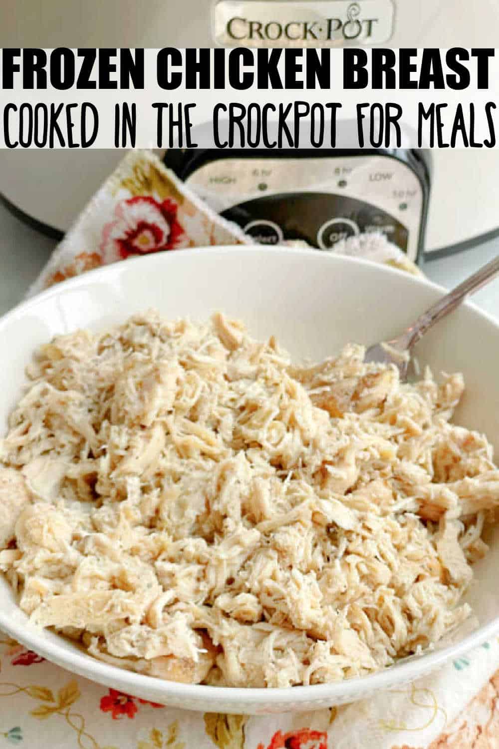 Learn how to make frozen, boneless and skinless chicken breasts in the Crock Pot for using in any recipe calling for cooked chicken. via @foodtasticmom