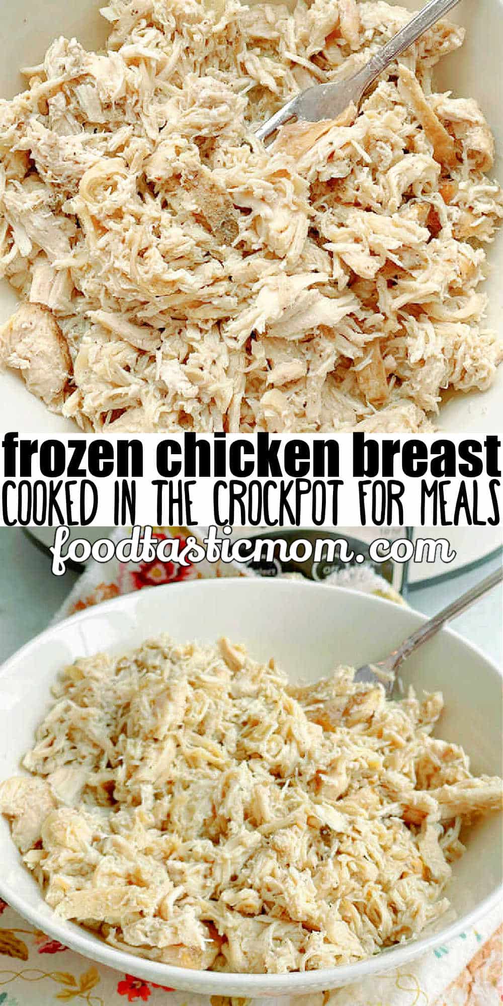 Learn how to make frozen, boneless and skinless chicken breasts in the Crock Pot for using in any recipe calling for cooked chicken. via @foodtasticmom