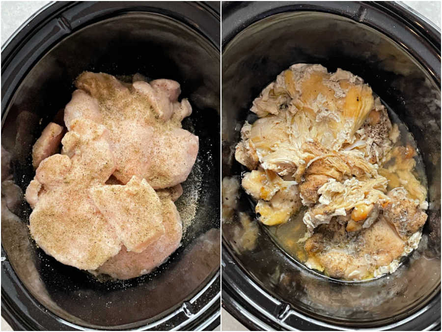 frozen chicken breasts in the Crock-Pot insert, before and after cooking