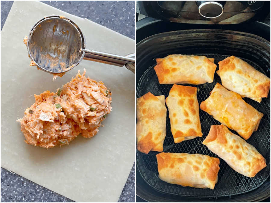 air fryer buffalo chicken egg rolls being made and in the basket of the air fryer