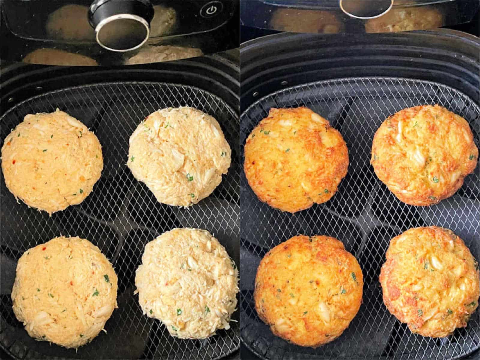 four crab cakes in the air fryer basket, before and after cooking