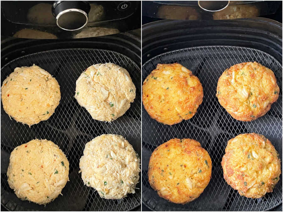 crab cakes before and after being cooked in the air fryer