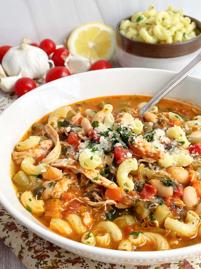 side view of bowl filled with chicken minestrone soup