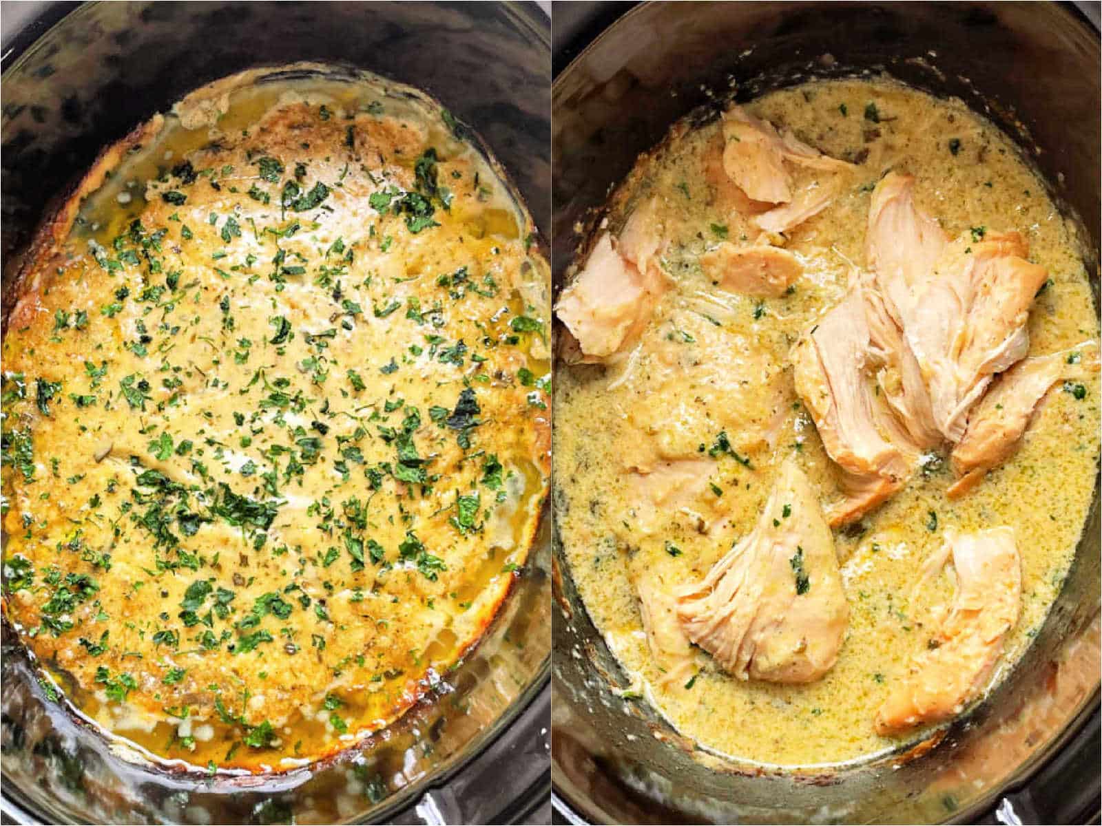 cooked creamy ranch chicken in the slow cooker insert