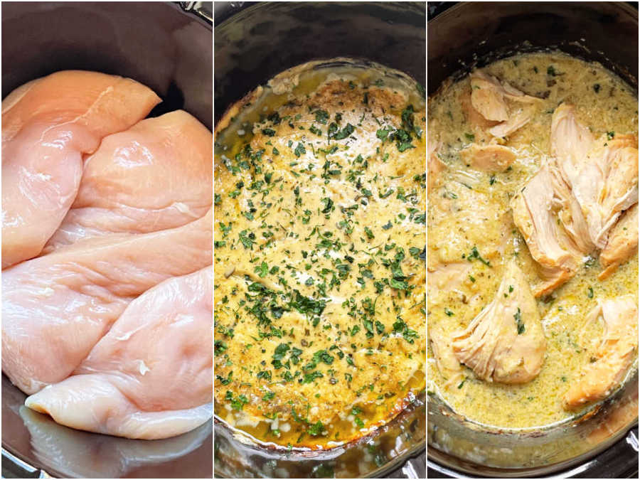 crock pot ranch chicken before, during and after cooking