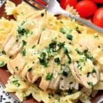 crock pot ranch chicken plated with pasta and grape tomatoes