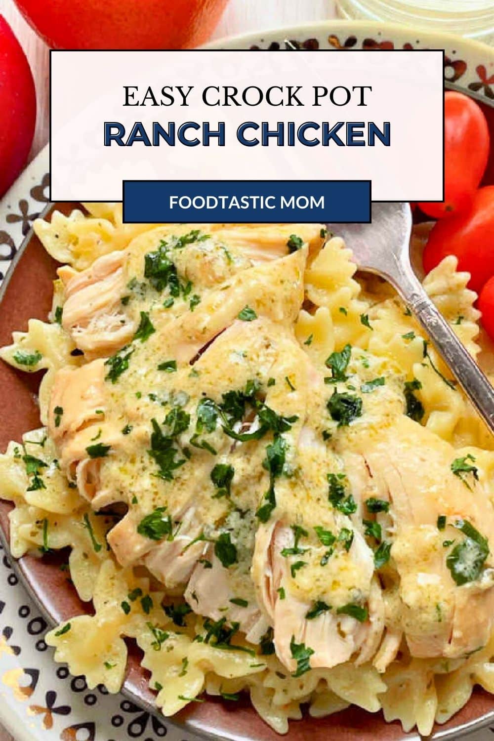 Crock pot creamy ranch chicken is a family pleasing meal with just a few simple ingredients, ready to serve over pasta or rice. via @foodtasticmom