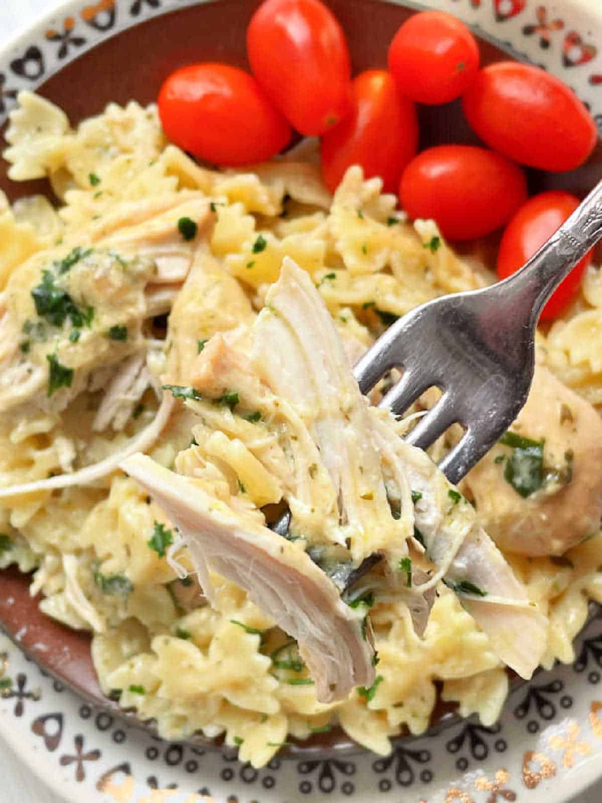 a forkful of cream ranch chicken ready to eat