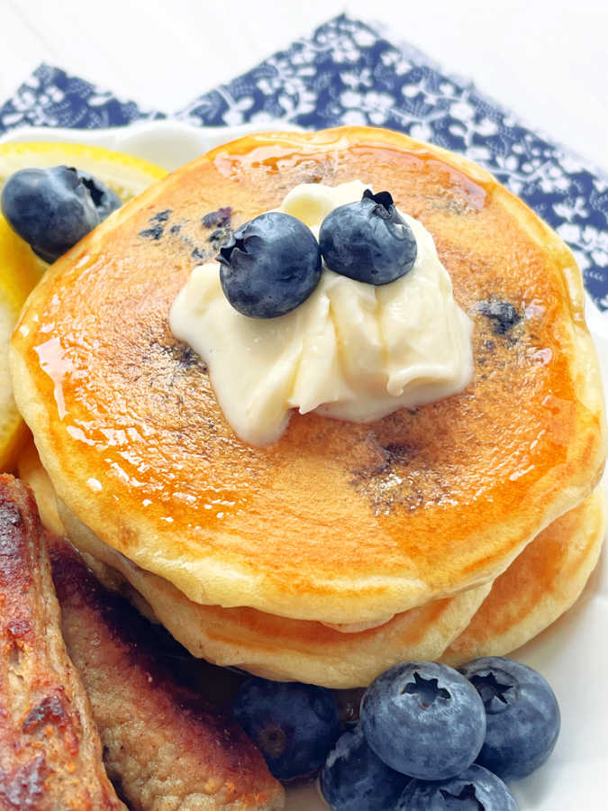 close up view of lemon blueberry pancakes