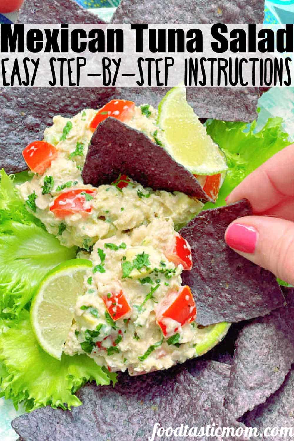 Mexican Tuna Salad spices up a classic, for a high-protein lunch or snack. Tomatoes, avocado, taco sauce, sour cream and lime juice help make this salad a hit. via @foodtasticmom