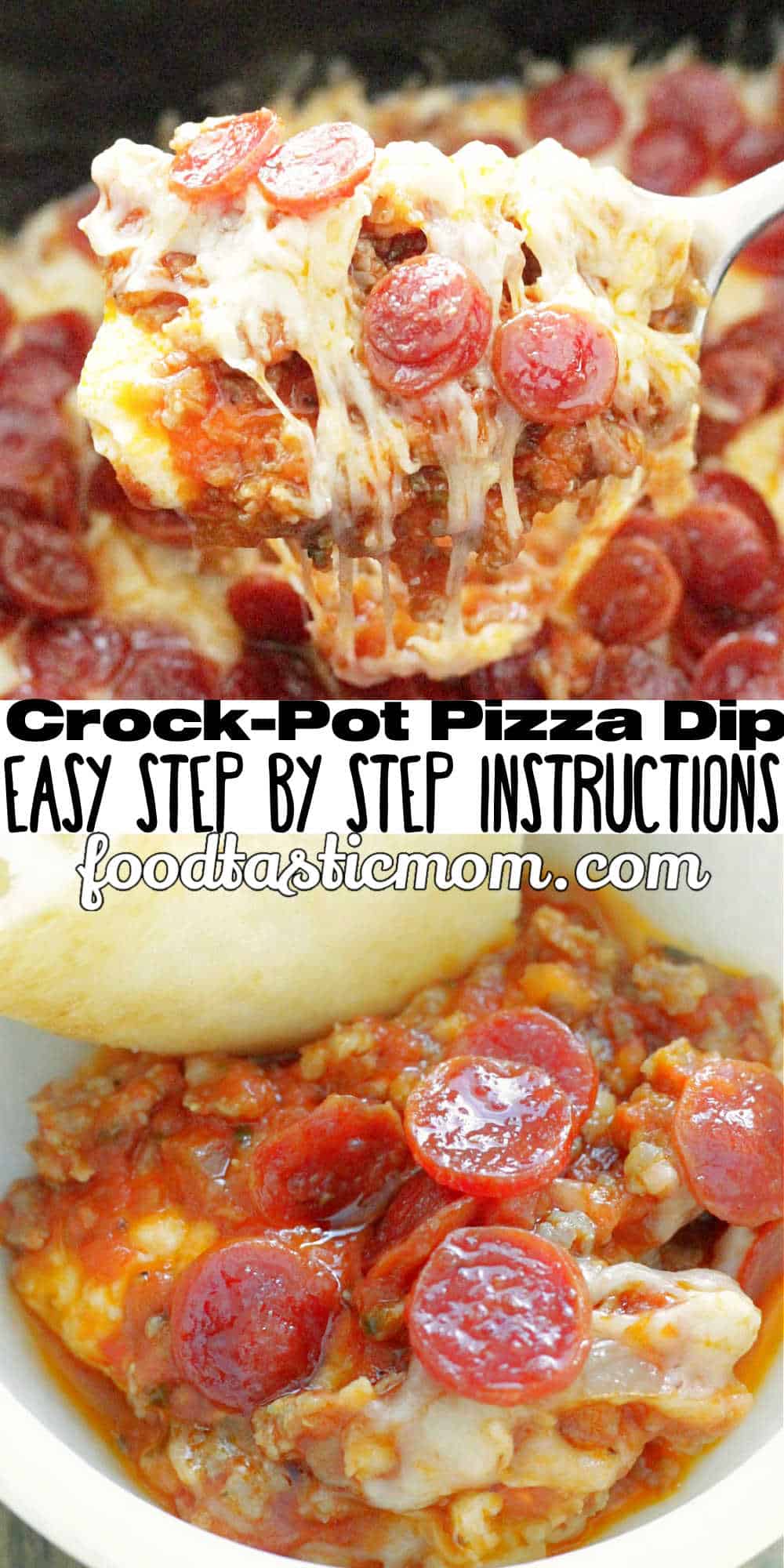 My Pizza Dip is loaded with cheese, pepperoni and sausage and is made for the slow cooker, so the cheese stays hot and melty. via @foodtasticmom