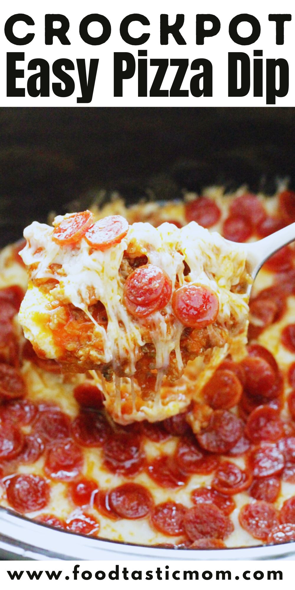 This is an easy cheesy pizza dip recipe that is made for the slow cooker! A perfect appetizer that will be a huge hit at your next gathering. via @foodtasticmom