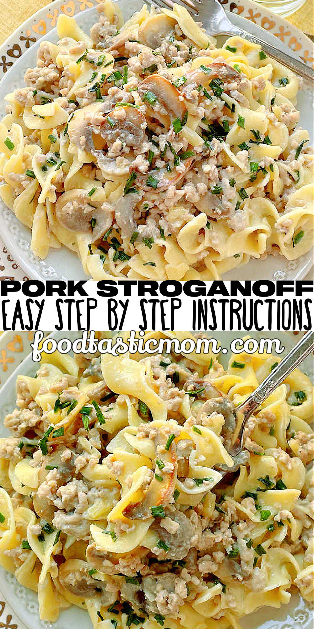 My easy creamy ground pork stroganoff recipe combines ground pork with buttery mushrooms and sweet apples in a tangy sour cream sauce. via @foodtasticmom