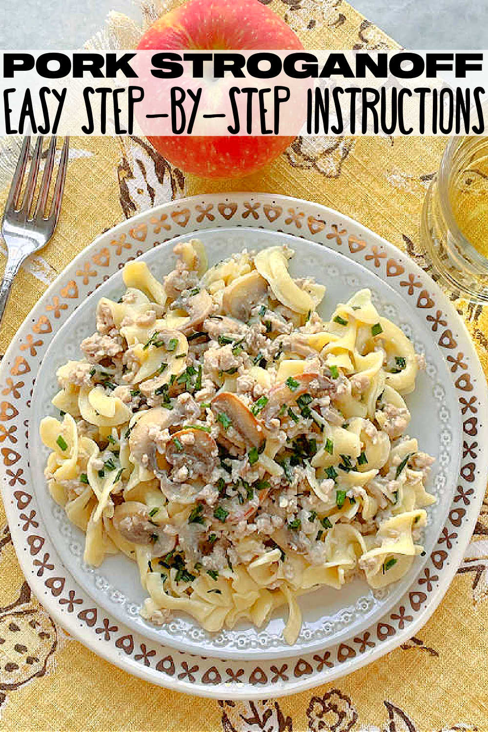 Pork Stroganoff is quick, creamy, comfort food with a lighter twist. Ground pork combines with buttery mushrooms and sweet apples in a tangy sour cream sauce. via @foodtasticmom