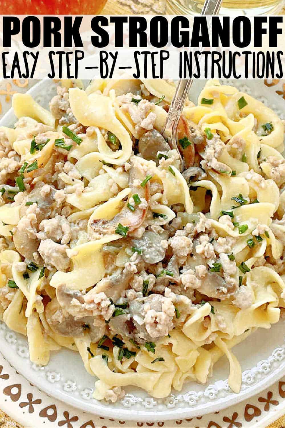 Pork Stroganoff is quick, creamy, comfort food with a lighter twist. Tender pork combines with buttery mushrooms and sweet apples in a tangy sour cream sauce. via @foodtasticmom