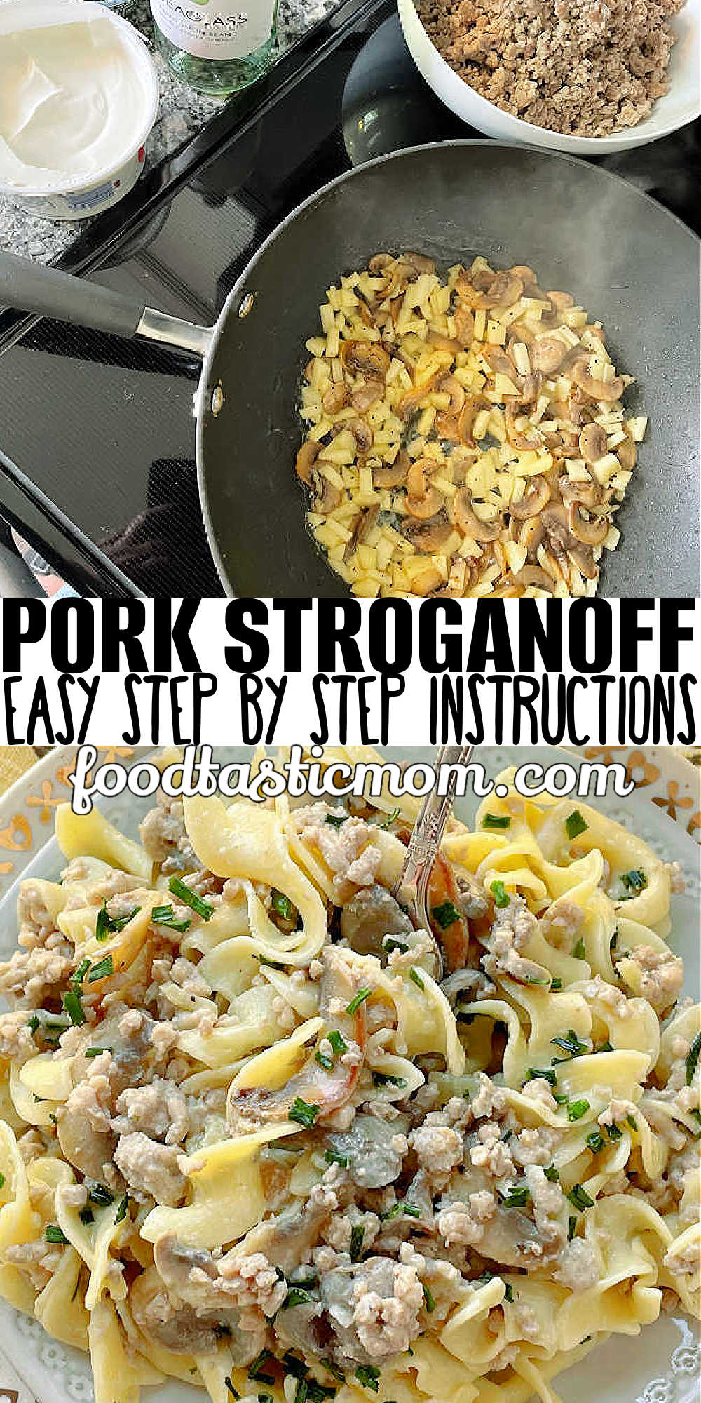 Pork Stroganoff is quick, creamy, comfort food with a lighter twist. Tender pork combines with buttery mushrooms and sweet apples in a tangy sour cream sauce. via @foodtasticmom