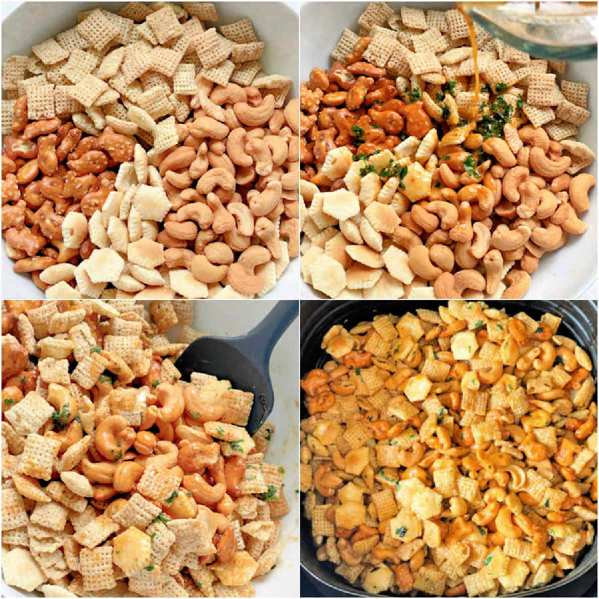 collage showing the steps for making air fryer Chex mix