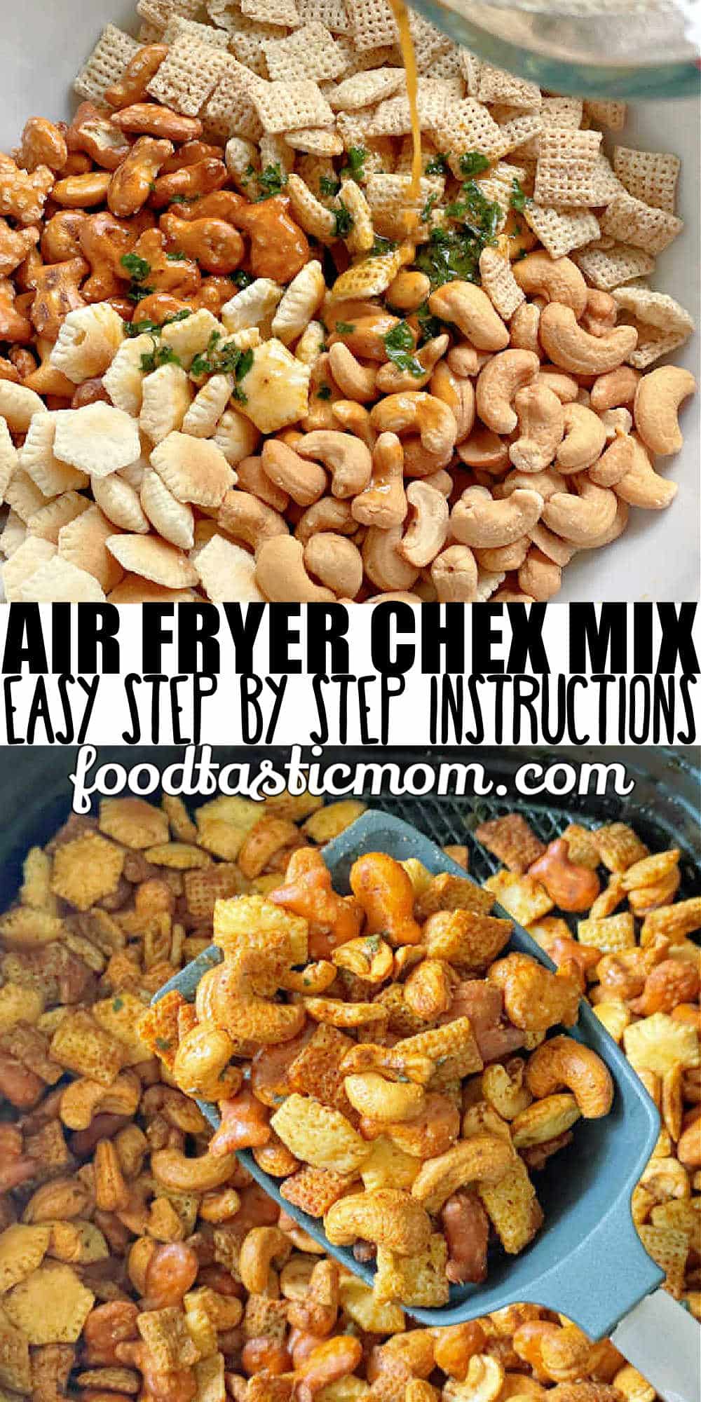 My Air Fryer Chex Mix combines rice Chex, Goldfish pretzels, oyster crackers and cashews with an Old Bay seasoning mix and buttery sauce. It's perfect for summer snacking! An air fryer is superior to your oven in making this popular snack mix.  via @foodtasticmom