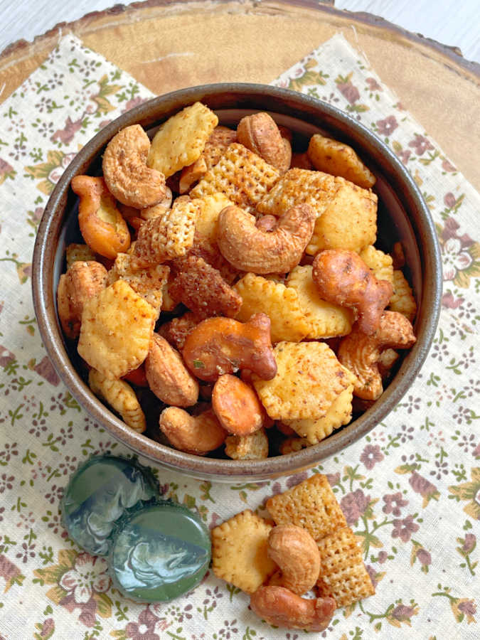 air fryer chex mix in a bowl