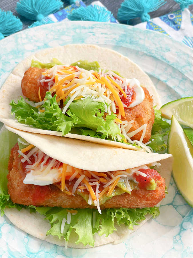 plated air fryer frozen fish fillets made into tacos