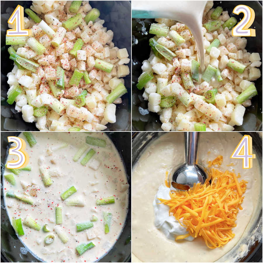 showing the process of making potato soup in the crockpot - adding potatoes and green onions, then roux thickened broth, then blending the slow cooked soup with cheese and sour cream