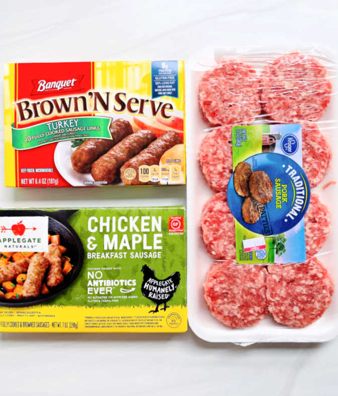 showing packages of the different brands of breakfast sausage, both patties and links