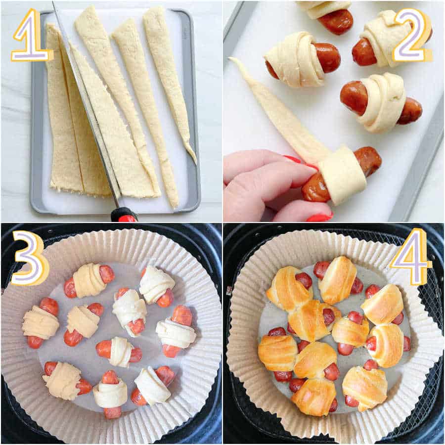 a four picture collage showing how to make air fryer pigs in a blanket
