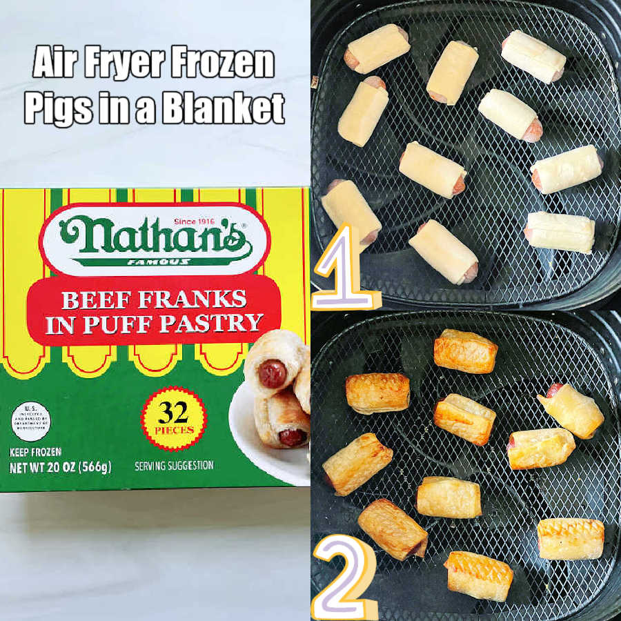picture collage of how to cook frozen pigs in a blanket in an air fryer