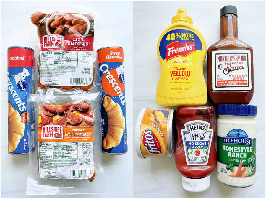 picture collage of ingredients needed to make air fryer pigs in a blanket, plus a variety of sauces