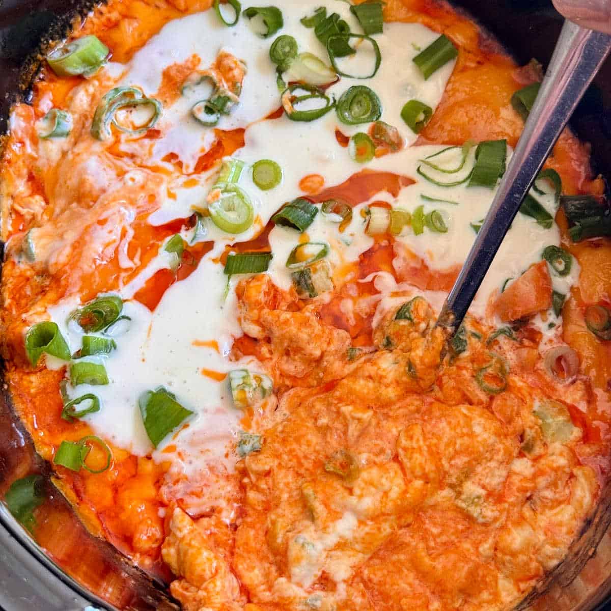 crock pot buffalo chicken dip garnished with green onions