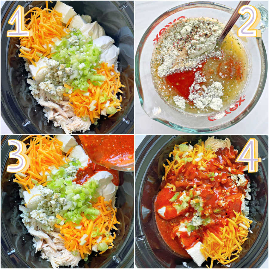 four step by step photos for how to make crock pot buffalo chicken dip