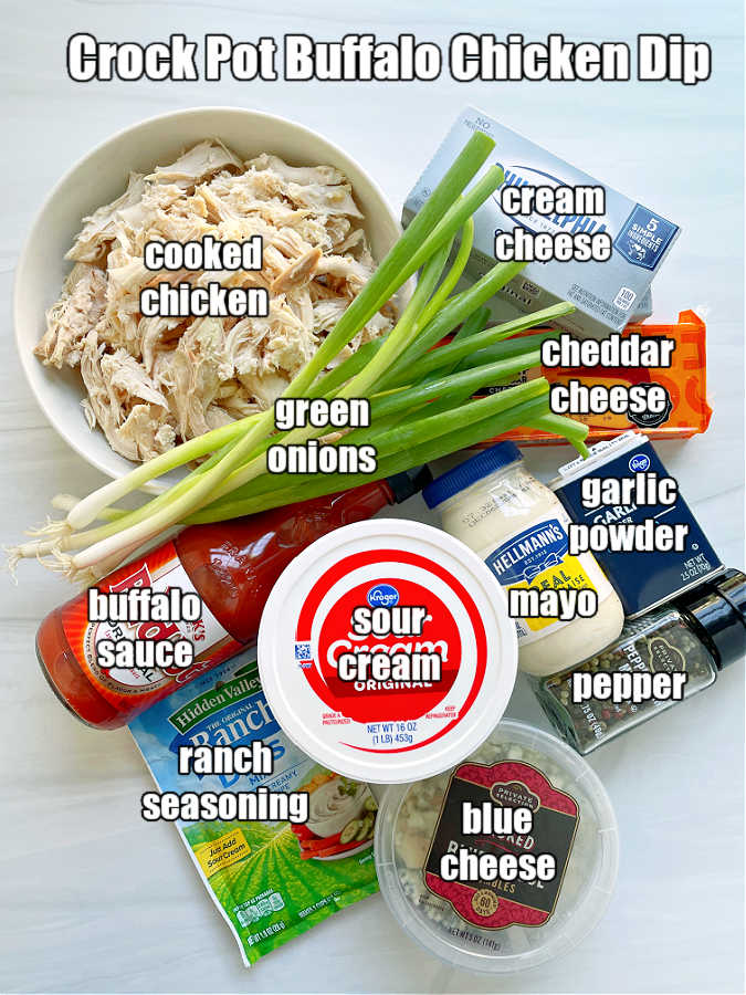 a picture of all the ingredients needed to make crock pot buffalo chicken dip