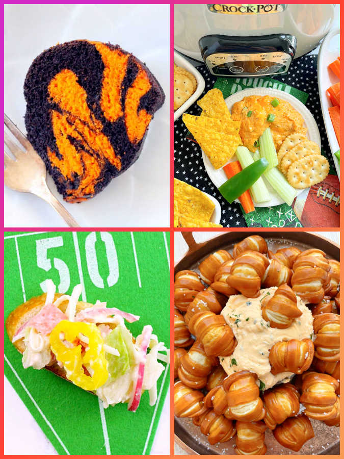 pictures of four of the 30+ football snacks - bengal striped bundt cake, crock pot buffalo chicken dip, seven layer hoagie dip, pub cheese recipe