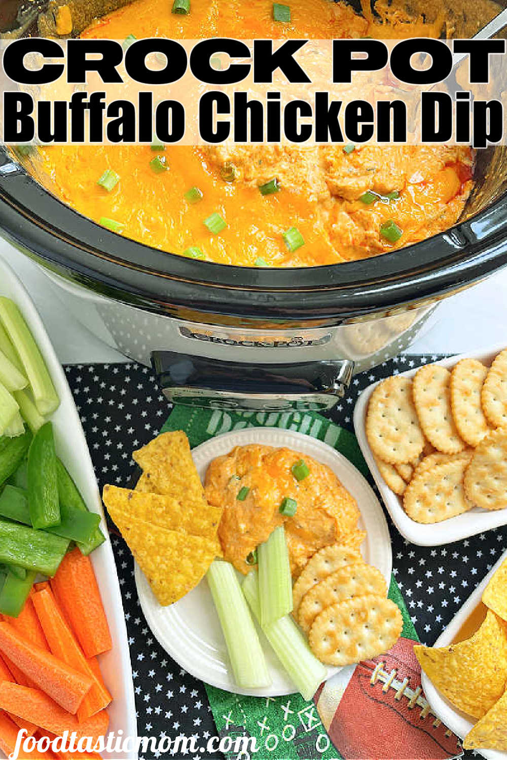 Crock Pot Buffalo Chicken Dip is perfect for game days or any celebration. Packed with flavor that everyone craves and it so simple to make! via @foodtasticmom