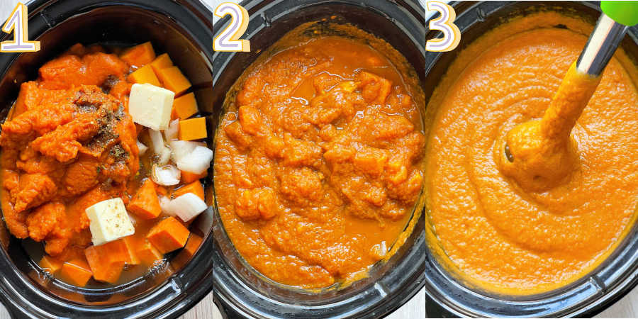 showing how to make slow cooker pumpkin soup in three easy steps