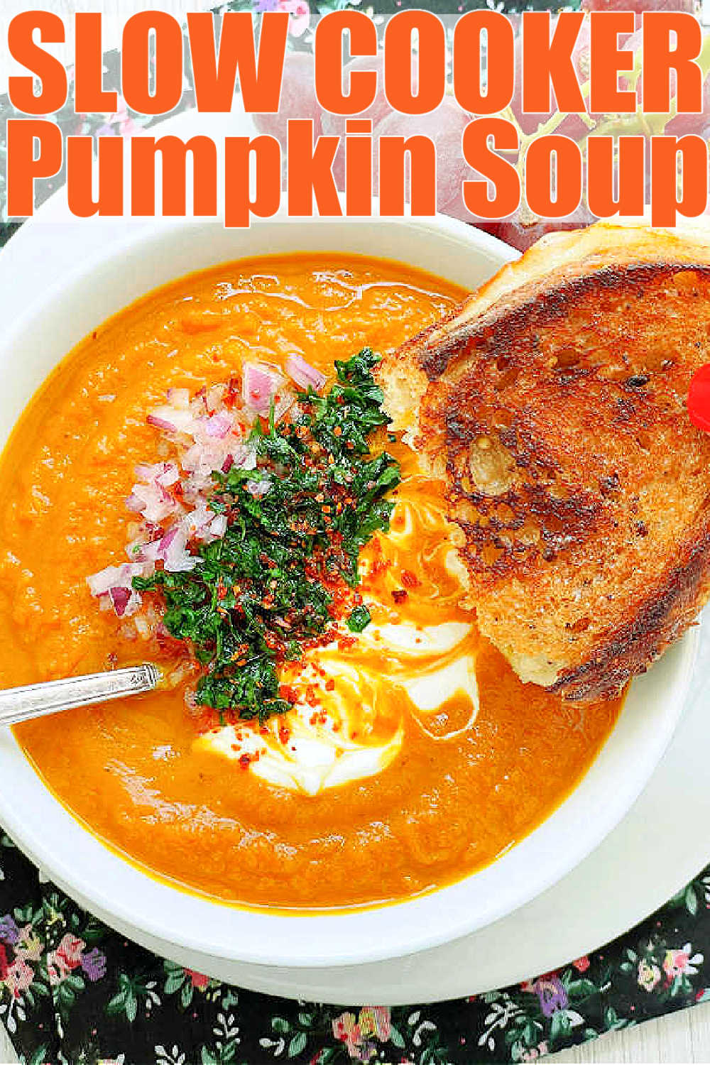 Slow Cooker Pumpkin Soup can be made with fresh or canned pumpkin. Simple to make with the perfect blend of flavors, it is pure comfort food for fall. via @foodtasticmom