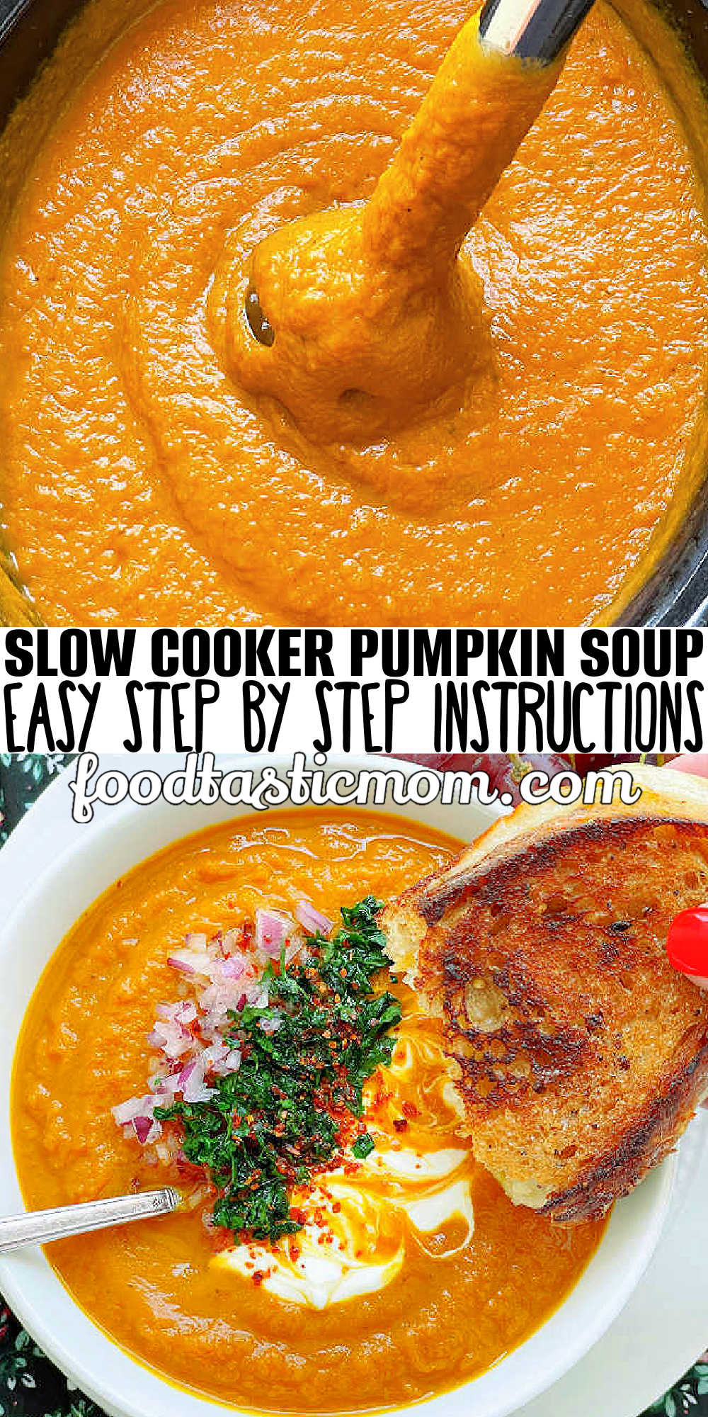 Slow Cooker Pumpkin Soup can be made with fresh or canned pumpkin. Simple to make with the perfect blend of flavors, it is pure comfort food for fall. via @foodtasticmom