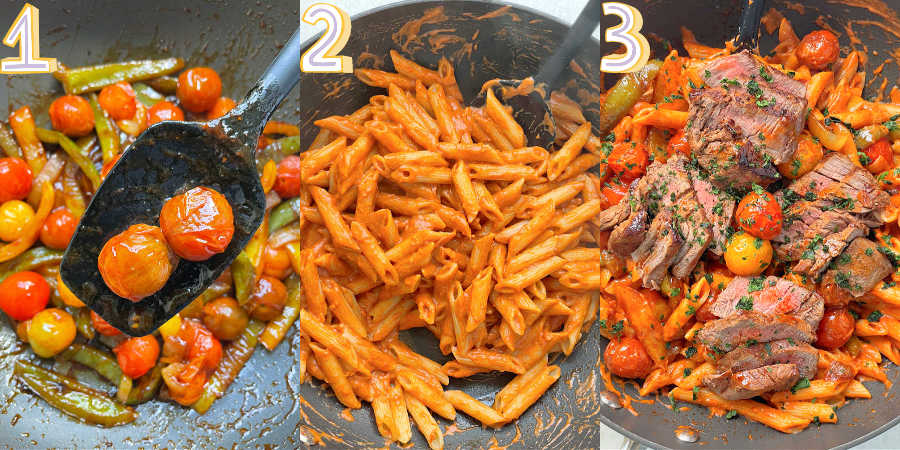 cooking the vegetables, saucing the pasta and serving the creamy fajita steak pasta