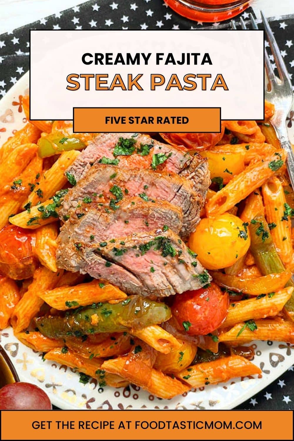 This steak pasta features perfectly cooked, Fajita-style steak on a bed of creamy penne pasta mixed with bell pepper, onions and burst cherry tomatoes. via @foodtasticmom