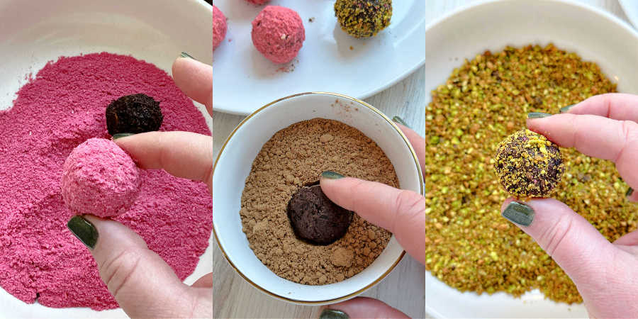 showing how to coat the healthy chocolate truffles in dried raspberries, Cacao Bliss or pistachios