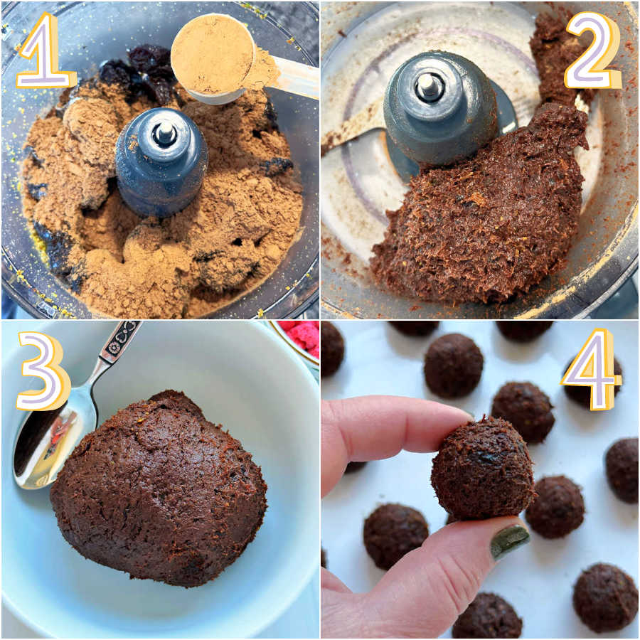 showing step by step instructions for how to make healthy chocolate truffles