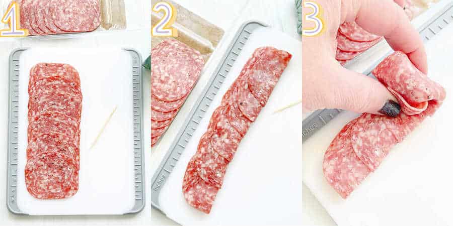 step by step photos showing how to make salami rosebuds