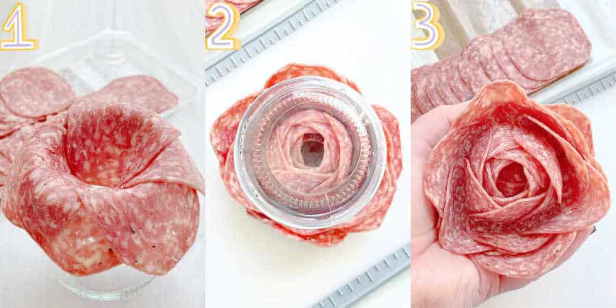 step by step photos showing how to make a salami rose