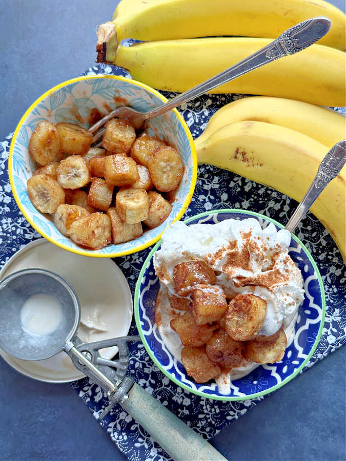 air fryer bananas in a bowl plus a sundae made with air fryer banana topping