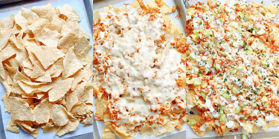 buffalo chicken nachos on the sheet pan before and after baking