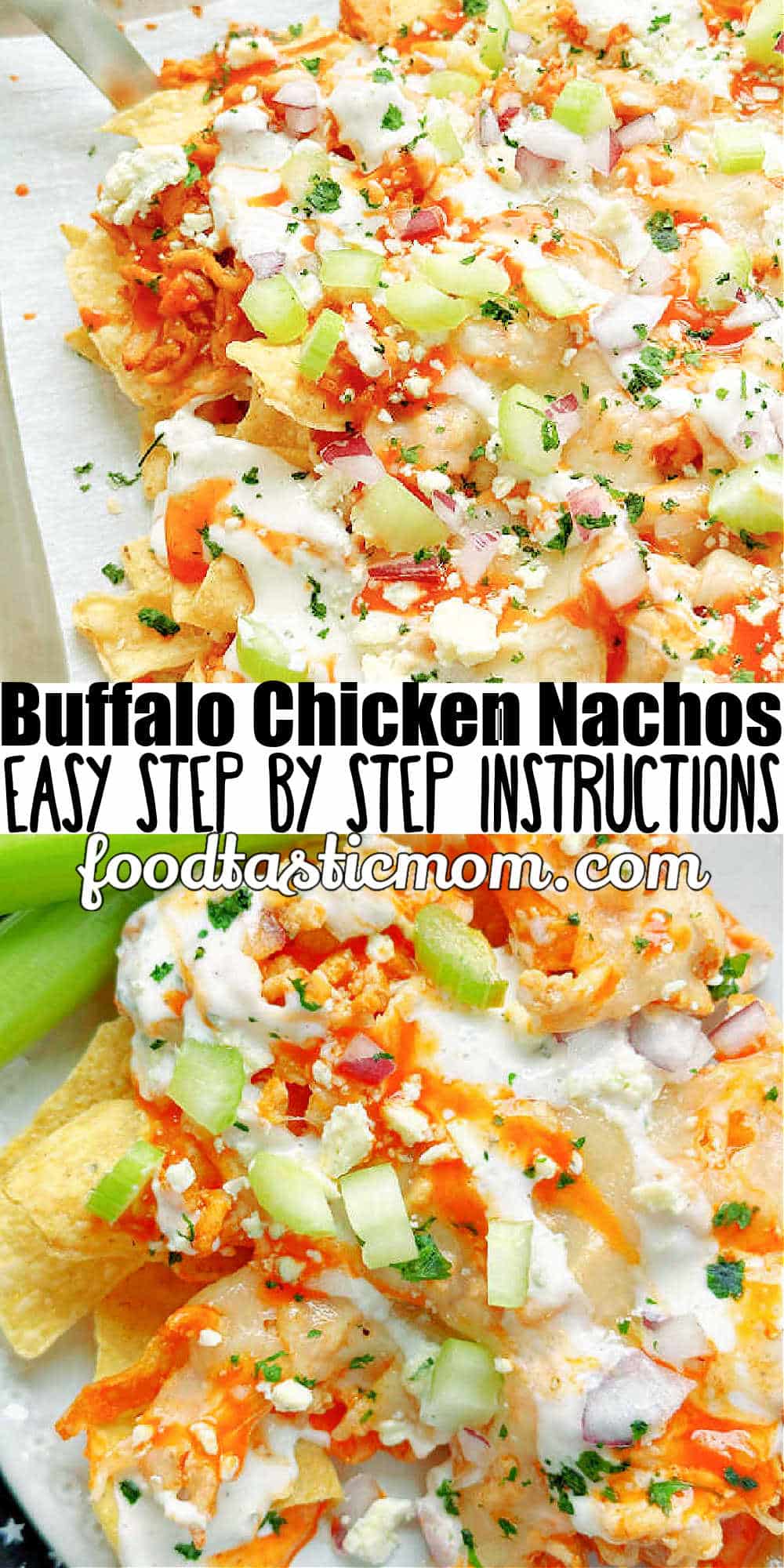 Learn how to make the perfect Buffalo Chicken Nachos with layers of buffalo chicken and lots of cheese all baked in the oven on a sheet pan. via @foodtasticmom